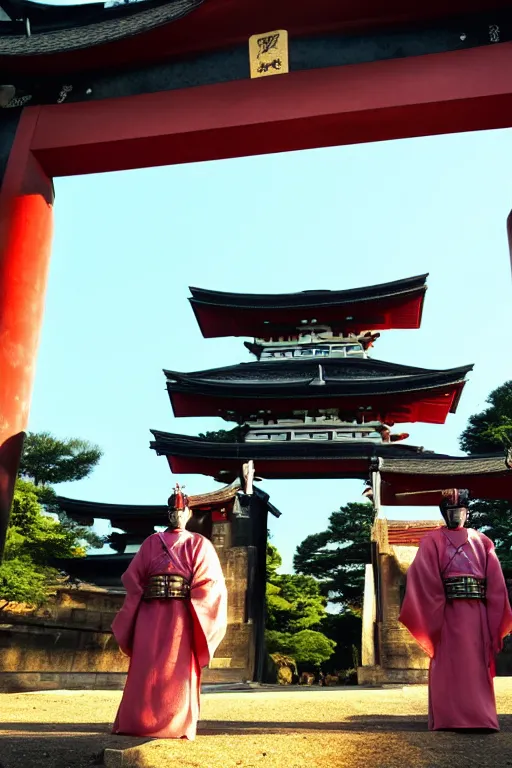 Image similar to a godlike and indomitable masked and helmeted samurai standing before a Torii gate with pride, the rising sun in the background. Photo realistic. Award winning