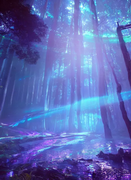 Prompt: beauteous sumptuous, with incredible iridescent pearlescent voluminous fluorescent neon indirect soft glow cinematic lighting, crystalline masterpiece incrustations, hyperdetailed features, movie still, intricate, octane render, cinematic forest lighting, unreal engine, crepuscular rays, god rays