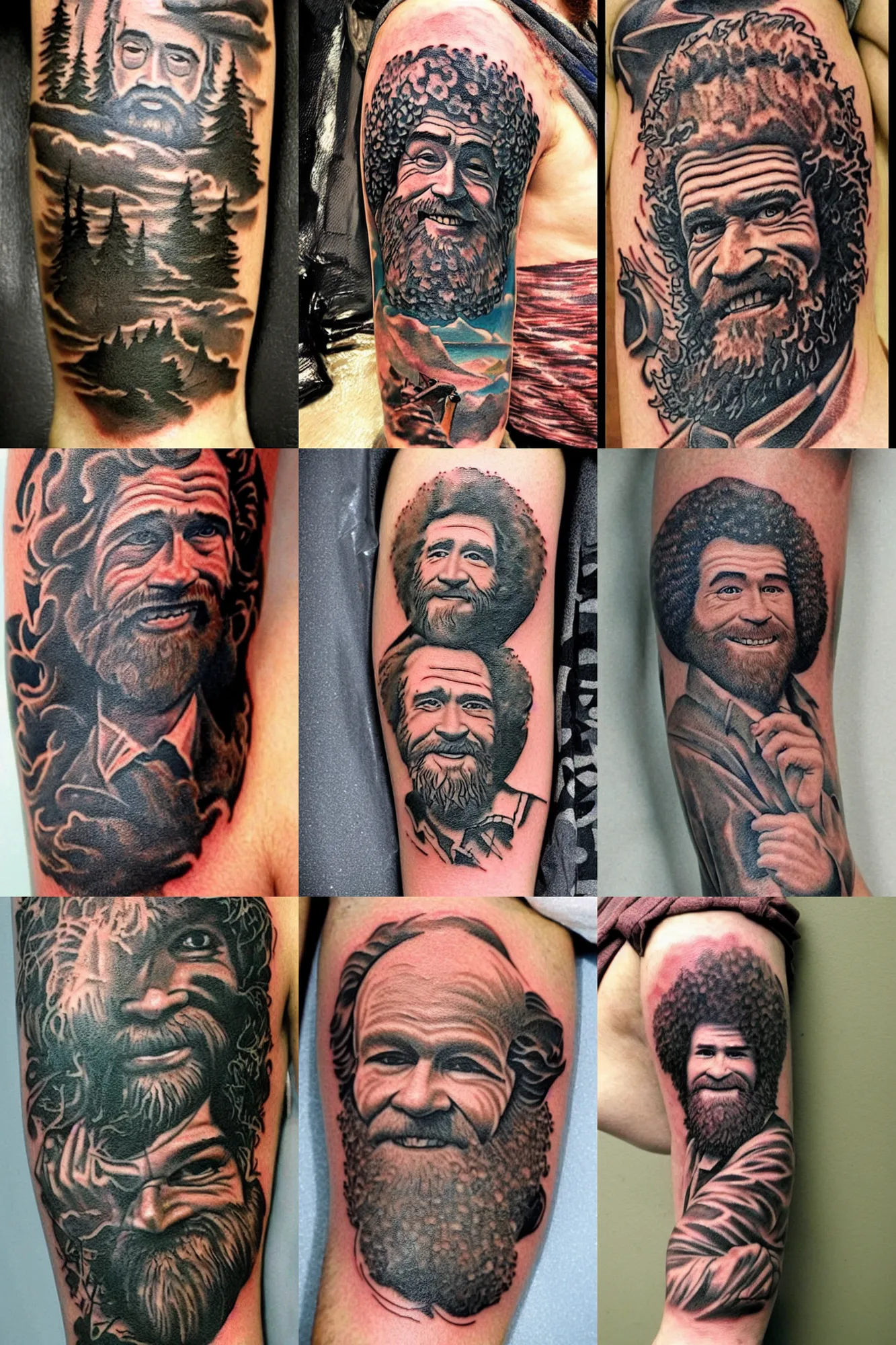 Prompt: a tattoo of Bob Ross painting happy pictures by Bernie Wrightson