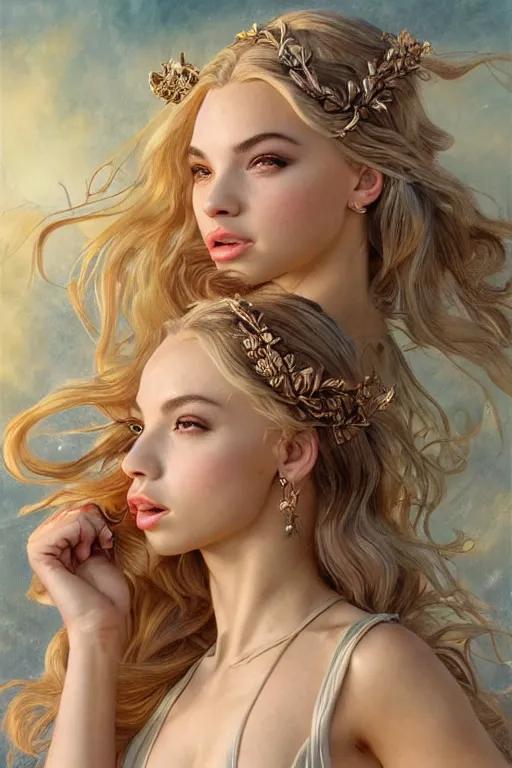 Prompt: ultra realistic illustration, a stunningly beautiful greek goddess of ecstasy played by jordyn jones and dove cameron and margot robbie and taylor swift and megan fox and natalie dormer, intricate, elegant, highly detailed, digital painting, artstation, concept art, smooth, sharp focus, illustration, art by artgerm and greg rutkowski and alphonse mucha