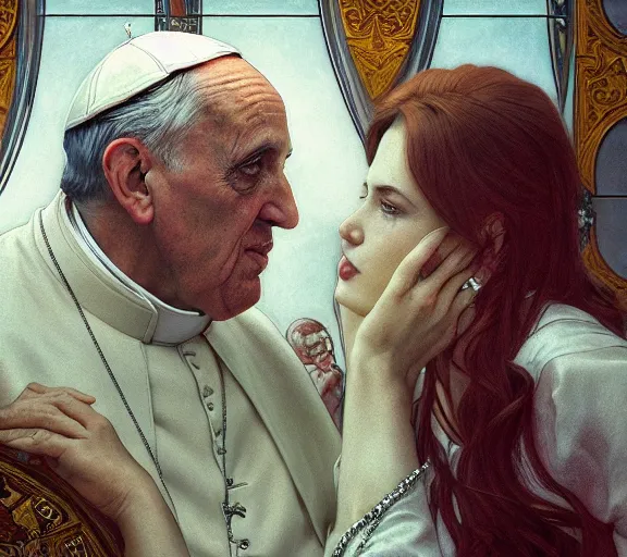 Image similar to photography of a pope kissing the breast of a sensual woman, deep focus, intricate, elegant, highly detailed, digital painting, artstation, concept art, matte, sharp focus, illustration, art by artgerm and greg rutkowski and alphonse mucha
