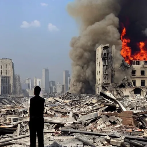 Image similar to The civilization is getting destroyed by bombs and fire is in big buildings and palaces and a man is alone looking at destruction