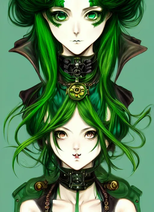 Image similar to beautiful green hair anime woman victorian dress, steampunk, fantasy, eerie, intricate details, pixiv, digital painting, artstation, concept art, 8 k, art by artgerm, loish and alohonse mucha and eiichiro oda symmetrical face symmetrical eyes