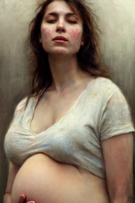 Image similar to pregnant woman in t-shirt by Alyssa Monks, Gaston Bussiere. full-shot, urban dystopia, hyper realism, realistic proportions, dramatic lighting, high detail 4k