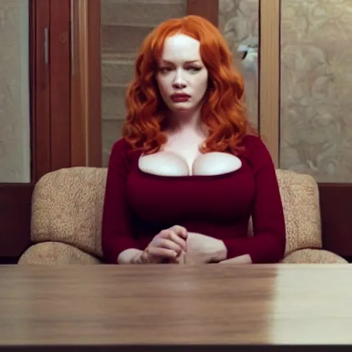 Image similar to amazing beautiful Christina Hendricks with mouth wide open in the living room, film still from the movie directed by Denis Villeneuve , wide lens