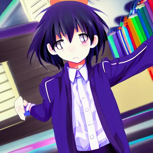 Image similar to small boy with black hair and blue purple eye, school uniform, anime style, hyper detailed, illustration, digital painting