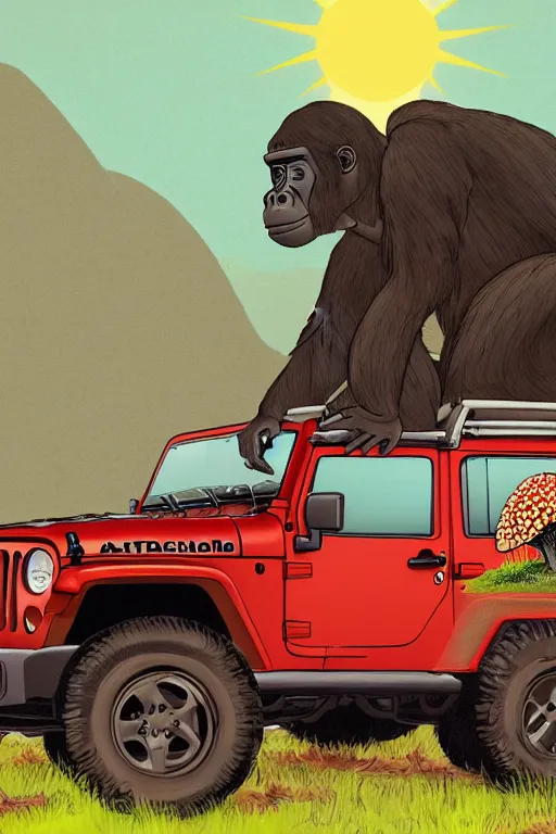 Prompt: gorillas standing by jeep holding a amanita muscaria, sunshine, by alba ballesta gonzalez and moebius. 4 k wallpaper, digital flat 2 d, japan animation, comic book, illustration, cinematic lighting, smooth sharp focus