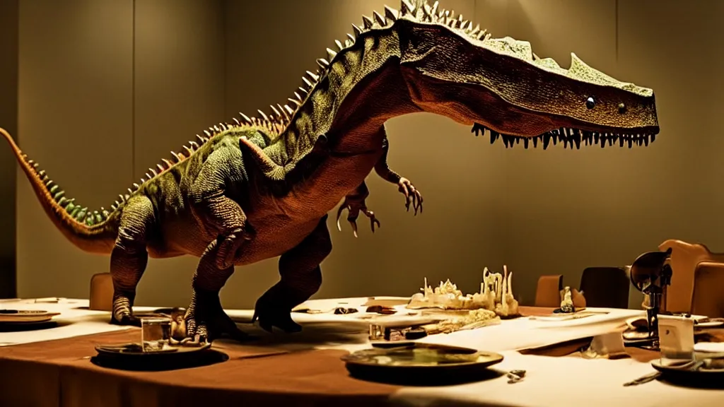 Image similar to the strange dinosaur sits at a table, made of wax and water, film still from the movie directed by Denis Villeneuve with art direction by Salvador Dalí, long lens, shallow depth of field