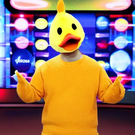 Image similar to tv show bald contestant with giant ears winning a duck on tv show wheel or no wheel