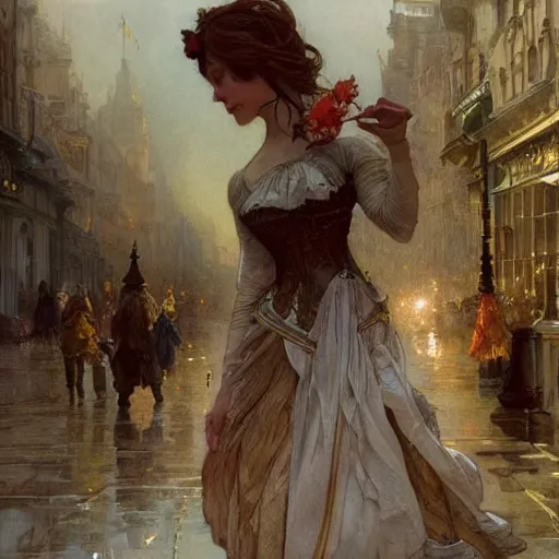 Prompt: a beautifull intricate watercolour painting of a dancing balerinas in the victorian street, reflexions, verry high details by william turner art, greg rutkowski and alphonse mucha, trending on artstation, very very detailed, masterpiece, muted colors