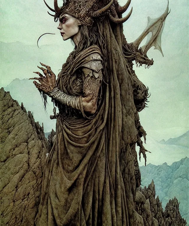 Image similar to A detailed horned dragonwoman stands among the hills. Wearing a ripped mantle, robe. Perfect faces, extremely high details, realistic, fantasy art, solo, masterpiece, art by Zdzisław Beksiński, Arthur Rackham, Dariusz Zawadzki