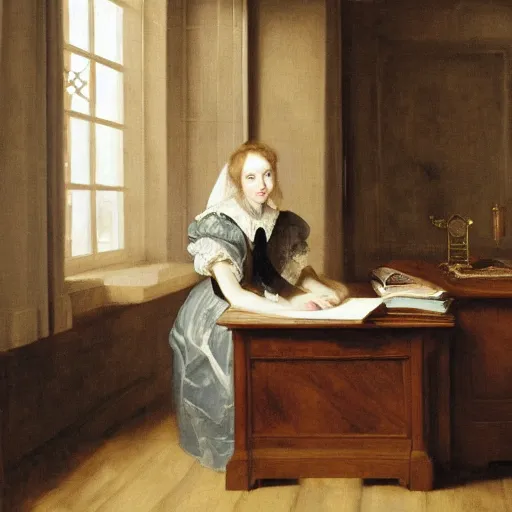 Image similar to a beautiful painting of the lofi girl studying at her desk by Antoon Van Dyck, trending on Artstation