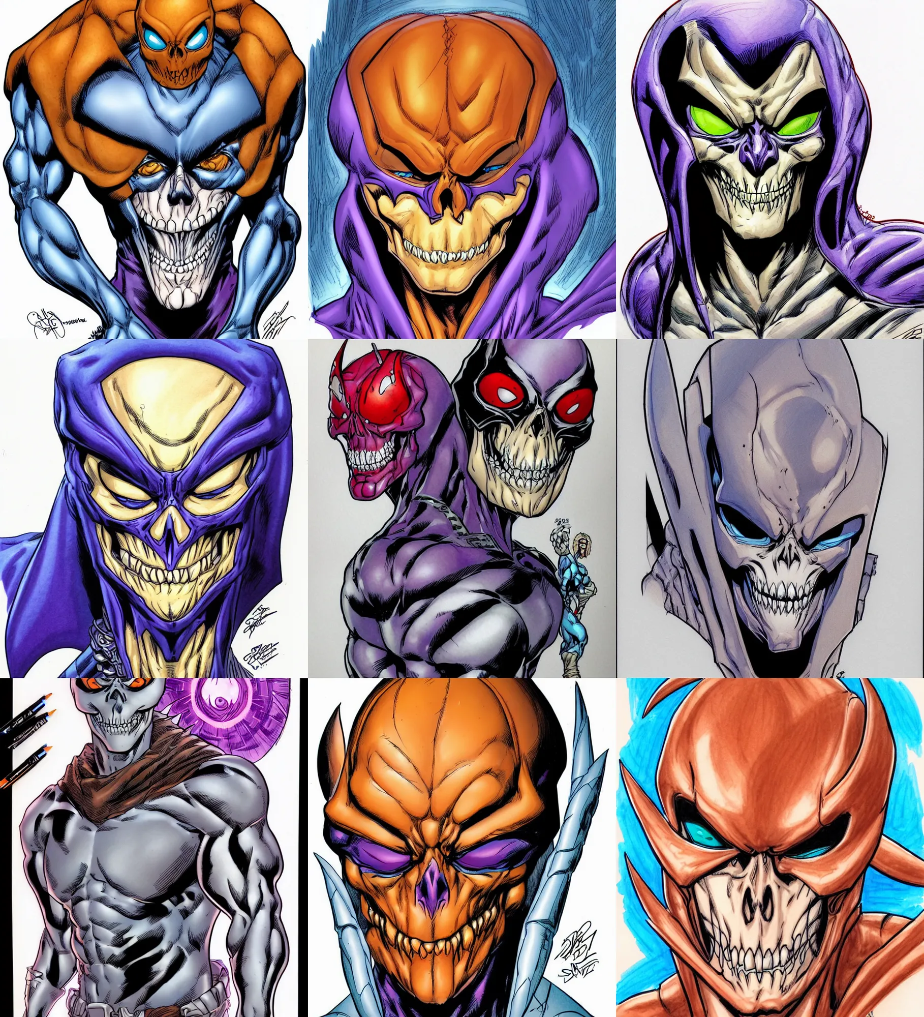 Prompt: macro head shot centered j scott campbell!!! ink colored sketch by j scott campbell centered symmetrical headshot of skeletor in the style ofj scott campbell