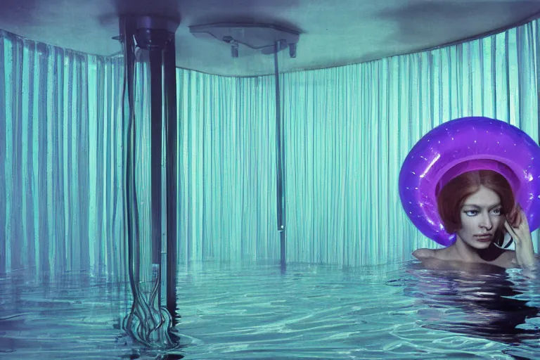 Image similar to high-angle view of a vivacious female jellyfish human hybrids wearing vacuum tube amp discowear with transparent digital number readout floating in front of face, sitting inside of a flooded 1970s luxury bungalow cabin with infinity mirror table, submersible vessel seamlessly clipping through wall, suspended soviet computer console on ceiling, ektachrome color photograph, volumetric lighting, off-camera flash, 24mm f8 aperture