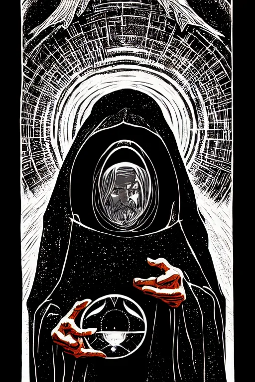 Image similar to wizard in a hooded cloak gazing into a crystal ball, high details, intricately detailed, by vincent di fate, inking, 3 color screen print, masterpiece, trending on artstation,, sharp, details, hyper - detailed, hd, 4 k, 8 k