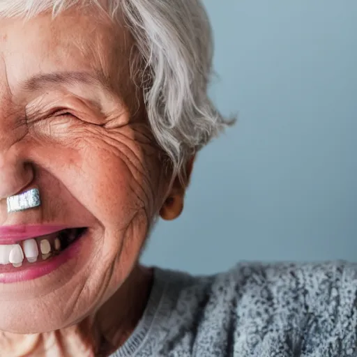 Prompt: an old woman smiling. she has a thin transparent oxygen tubing under her nose