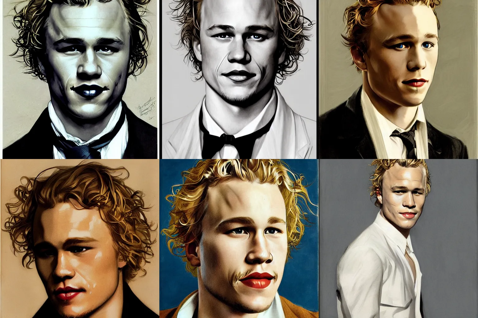 Prompt: portrait of a beautiful blond heath ledger by leyendecker, pale skin curly blond hair