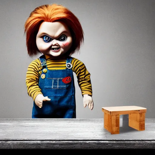 Image similar to chucky the killer doll standing on a work bench table