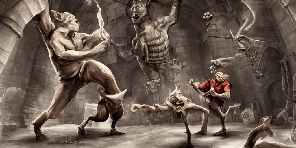 Image similar to harry potter illustration of extremely muscular Dobby fighting a Gnome at Gringotts, hd 4k