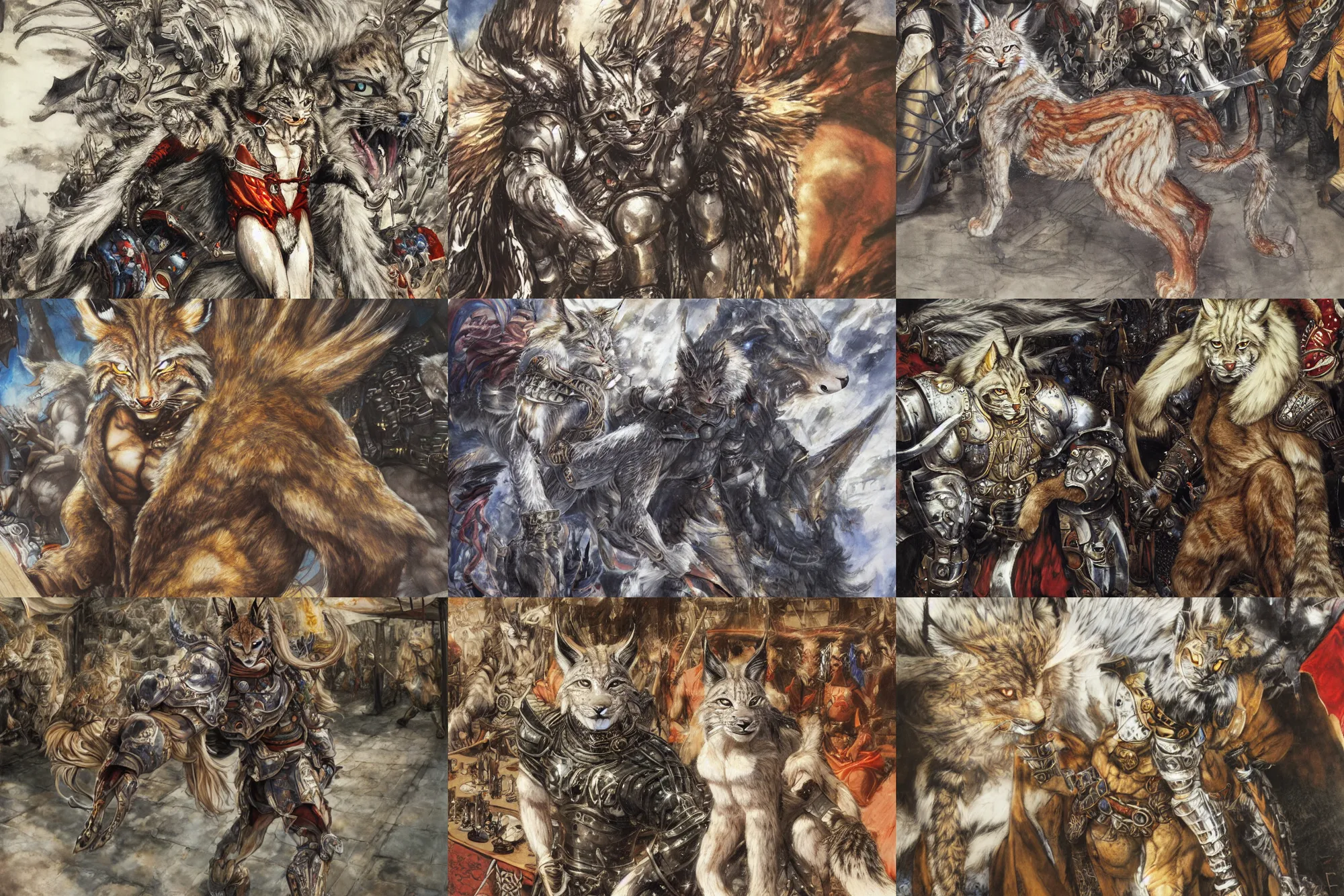 Image similar to 8k Yoshitaka Amano painting of upper body of a young cool looking lynx beast-man with white mane at a medieval market at windy day. Depth of field. He is wearing complex fantasy armors. He has huge paws. Renaissance style lighting.