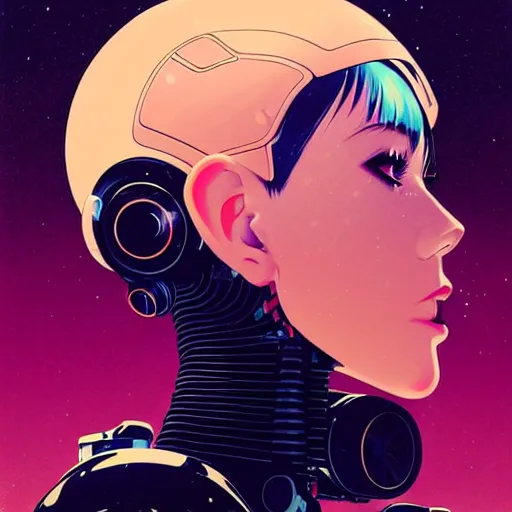 Image similar to side portrait scifi cyborg girl with robotic parts and spacesuit | | head only in center of image, audrey plaza, fine detail!! anime!! realistic shaded lighting!! poster by ilya kuvshinov katsuhiro otomo ghost - in - the - shell, magali villeneuve, artgerm, jeremy lipkin and michael garmash and rob rey