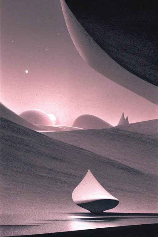 Image similar to emissary space by arthur haas and bruce pennington and john schoenherr, cinematic matte painting, minimal modern, zaha hadid building in the mountains with snow, dark monochrome color palate, pink sunset,