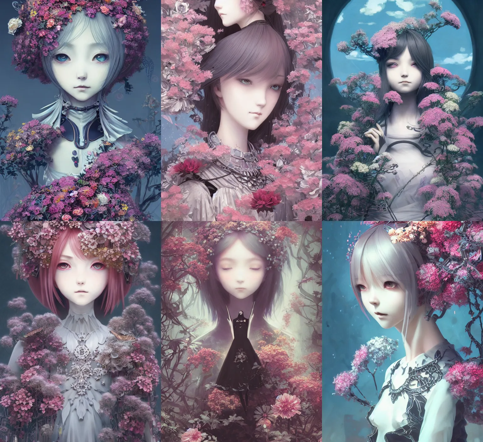 Prompt: detailed, sharp, dreaming humanoid female automata wearing gothic ornament surrounded by flowers floating above a dystopia by Ilya Kuvshinov and Anna Dittmann and studio ghibli and WLOP and Rossdraws, digital art, surreal, trending on artstation, anime arts, featured on Pixiv, blue lighting, HD, 8K, highly detailed, good lighting, beautiful, epic, masterpiece