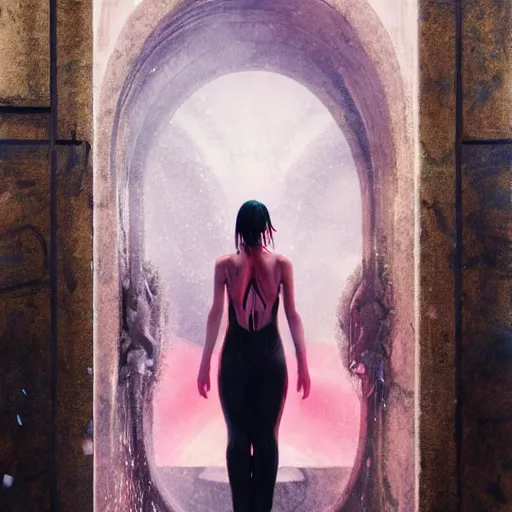 Prompt: lee jin - eun emerging from pink water in cyberpunk theme looking at an opening interstellar portal to renaissance italy, the portal opens to chateau de chambord, by greg rutkowski, claude monet, conrad roset, takato yomamoto, james jean, rule of thirds, seductive look, beautiful