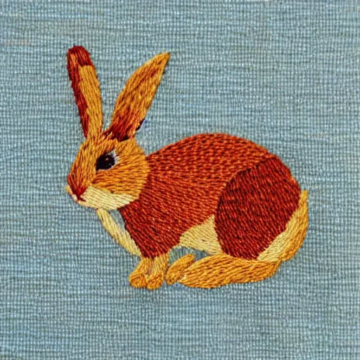 Image similar to a tiny beautiful handmade embroidery of a rabbit. hand embroidery.