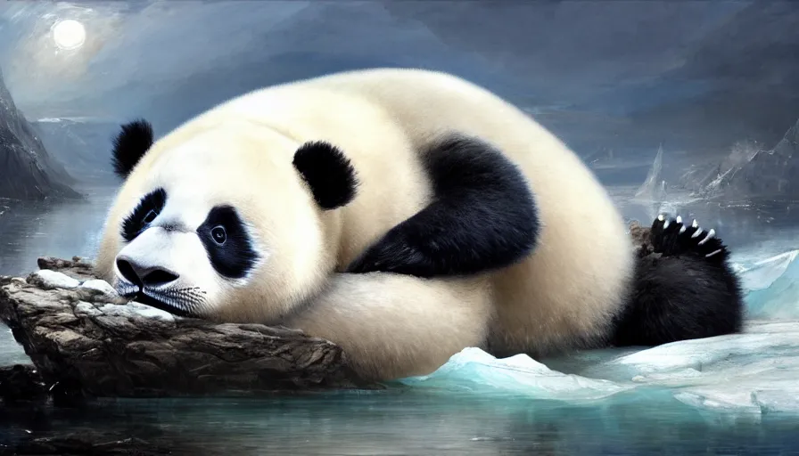 Prompt: highly detailed painting of humanoid creature thats half man and half cute baby white furry seal panda hybrid on a blue and white iceberg by william turner, by greg rutkowski, by william constable, thick brush strokes and visible paint layers, 4 k resolution