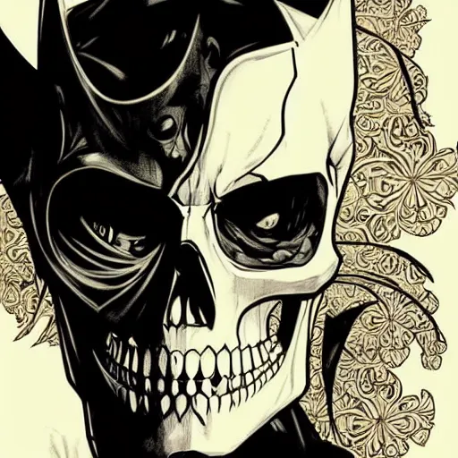 Image similar to anime manga skull portrait marvel batman comic skeleton illustration style by Alphonse Mucha pop art nouveau