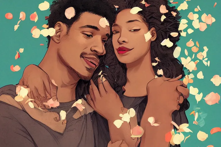 Prompt: portrait of a happy black couple posing together, holding hands surrounded by falling flower petals, crisp digital illustration by artgerm,, by mucha by caravaggio and face by wlop