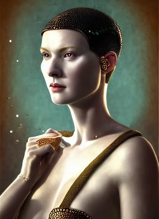 Image similar to hyperrealistic mixed media portrait of a beautiful armored warrior woman, stunning 3d render inspired art by Coles Phillips + perfect facial symmetry + dim volumetric lighting, 8k octane beautifully detailed render, post-processing, extremely hyperdetailed, intricate, epic composition, grim yet sparkling atmosphere, cinematic lighting + masterpiece, trending on artstation, Art Nouveau