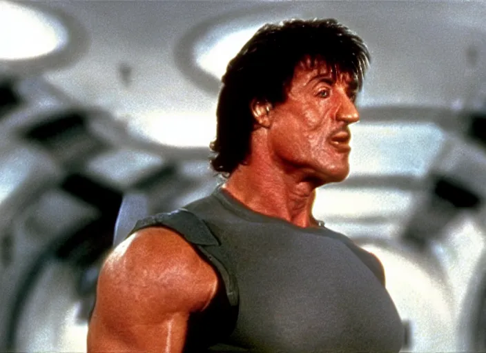 Image similar to sylvester stallone in a still from the movie Total Recall (1990)