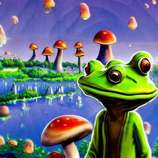 Image similar to A close up portrait of a dignified psychedelic godlike anthropomorphic frog smoking an anime blunt , magic mushroom village in background . award winning. superb resolution. in the art style of junji Ito and greg rutkowski . Detailed Mushroom city in background. Hyper realistic anime. Perfect art. Dalle2