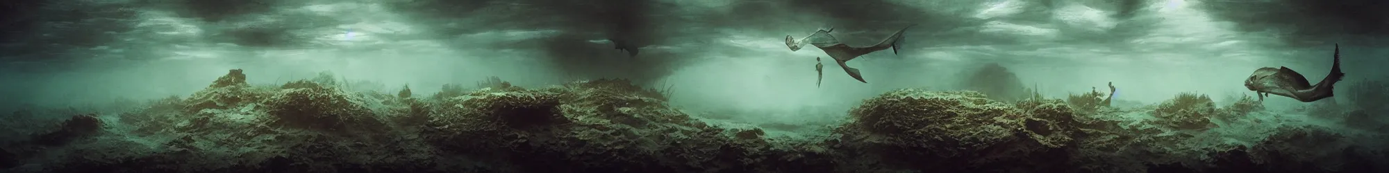 Prompt: underwater photo of fish, Les Edwards, Zdzislaw Beksinski, Carl Gustav Carus, John Harris, Michal Karcz, Zhang Kechun, Mikko Lagerstedt, Scott Listfield, Steven Outram, Jessica Rossier