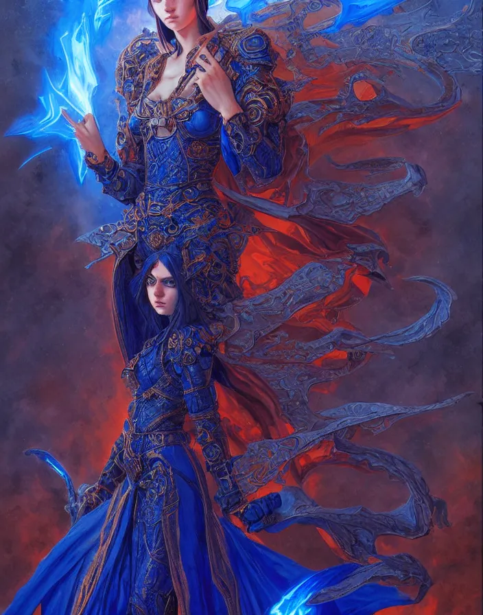 Image similar to young morgana, battle mage, brilliant royal blue flames surrounding her, intricate detail, ornate, tarot card, digital artwork by artgerm and lily abdullina, wpol and sarasti, donato giancola and android jones, artstation