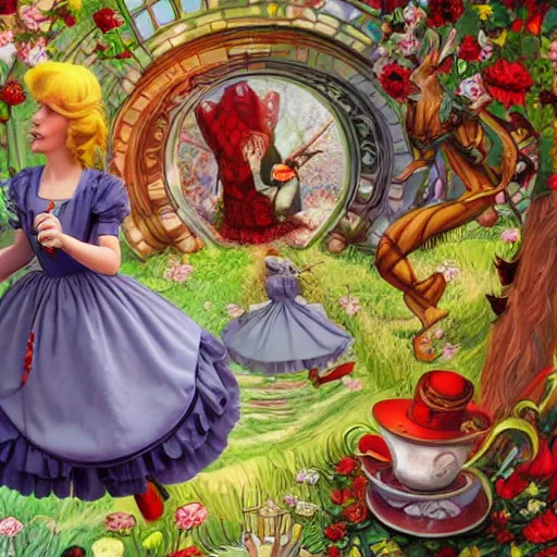 Image similar to recursive Alice in wonderland art. Highly detailed 4k warping in on itself image. Impossible shapes, Alice and the white rabbit chased by the red queen
