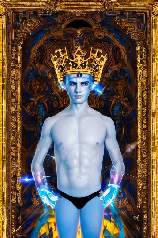 Image similar to full-body sculpture of a young handsome Latino prince as a half cibernetic android with a glowing blue diamong in his chest, white laser beams coming out of his eyes, crown of giant jewels, flowing neon-colored silk, geometric shapes in a cyperbunk and baroque style. intricate artwork by caravaggio. Trending on artstation, octane render, cinematic lighting from the right, hyper realism, octane render, 8k, depth of field, 3D