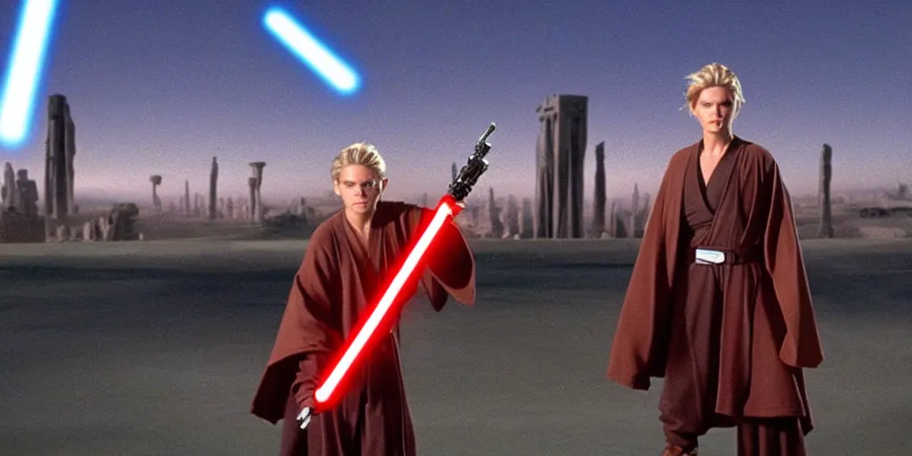 Image similar to A full color still of a teenage blonde Jedi padawan holding a lightsaber hilt, looking scared, sci-fi city in the background, windy, from The Phantom Menace, directed by Steven Spielberg, 35mm!!! 1990