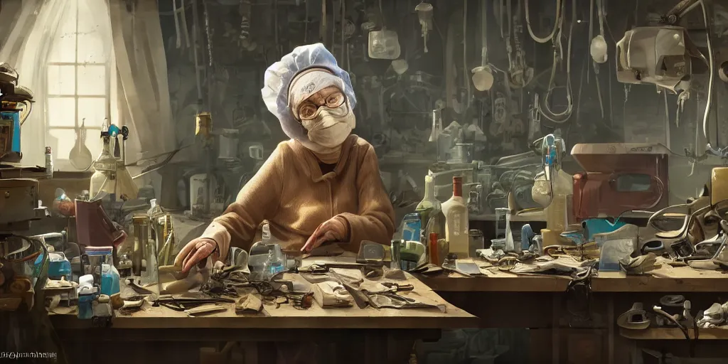 Image similar to an environmental concept art of an elderly russian woman cyberneticist in a cluttered mechanics workshop, surgical implements, surgery table, highly detailed, cinematic, dramatic, cyberpunk
