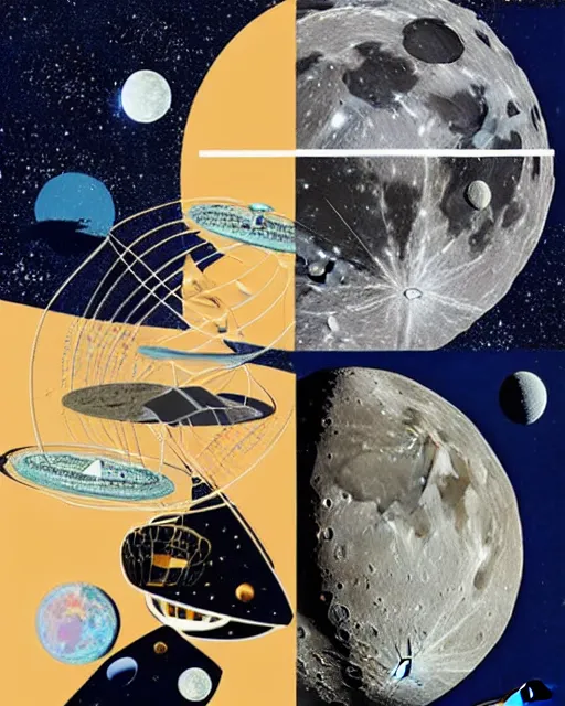 Image similar to A collage, made of random shapes cut from fashion magazines, of Space Travel, landing on the moon, mid-century modern.