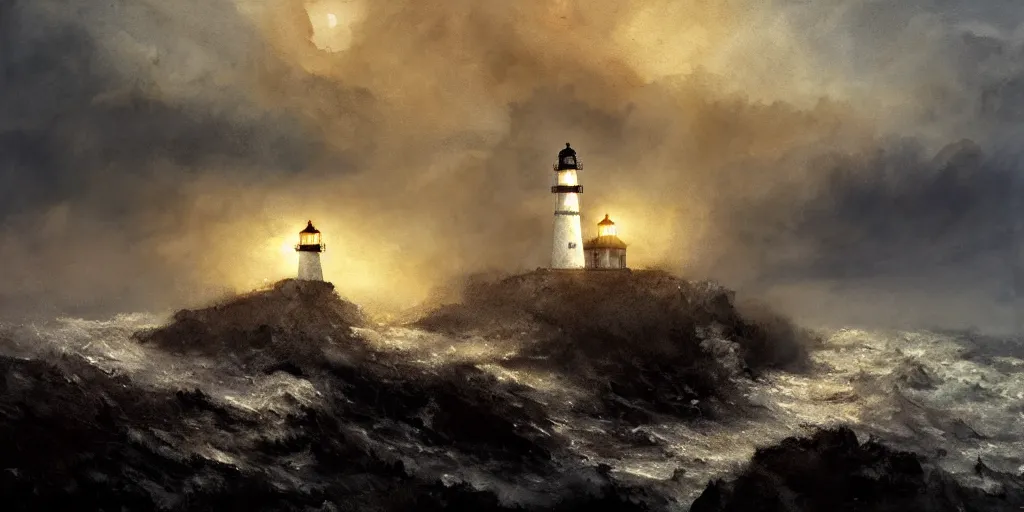 Image similar to a watercolor painting of a single lighthouse in a small rocky island during a violent storm by craig mullins, high quality, highly detailed, digital painting, masterpiece, turbulent sea, dramatic lighting, cinematic, centered, watercolor, william turner style, 4 k