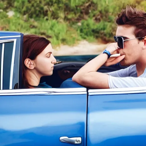 Prompt: a couple smoking a joint by the sea inside a blue BMW with a teenager in the backseat