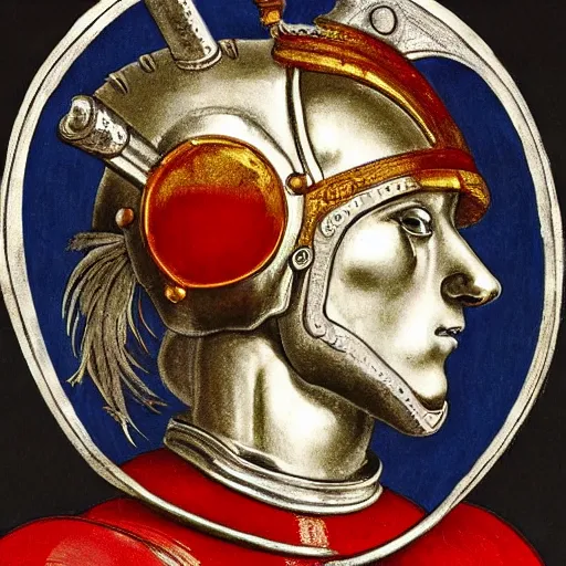 Prompt: a knight wearing silver armor and helmet, red white and gold color scheme, baroque, by Michelangelo, high detail