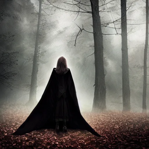 Image similar to a high detailed photo of a lady in a dark cloak suspended in mid air, ancient forest, mist, 35mm, photorealistic, realistic, deviantart, gloomy atmosphere, high definition