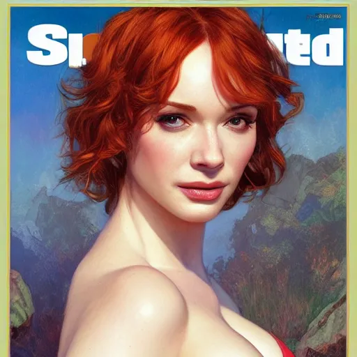 Image similar to christina hendricks on the cover of sports illustrated 1 9 6 5, fantasy, intricate, elegant, highly detailed, digital painting, artstation, concept art, matte, sharp focus, illustration, hearthstone, art by artgerm and greg rutkowski and alphonse mucha