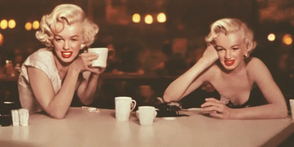 Image similar to A close-up, color cinema film still of a marlin monroe drinking coffee at a starbucks, ambient lighting at night.