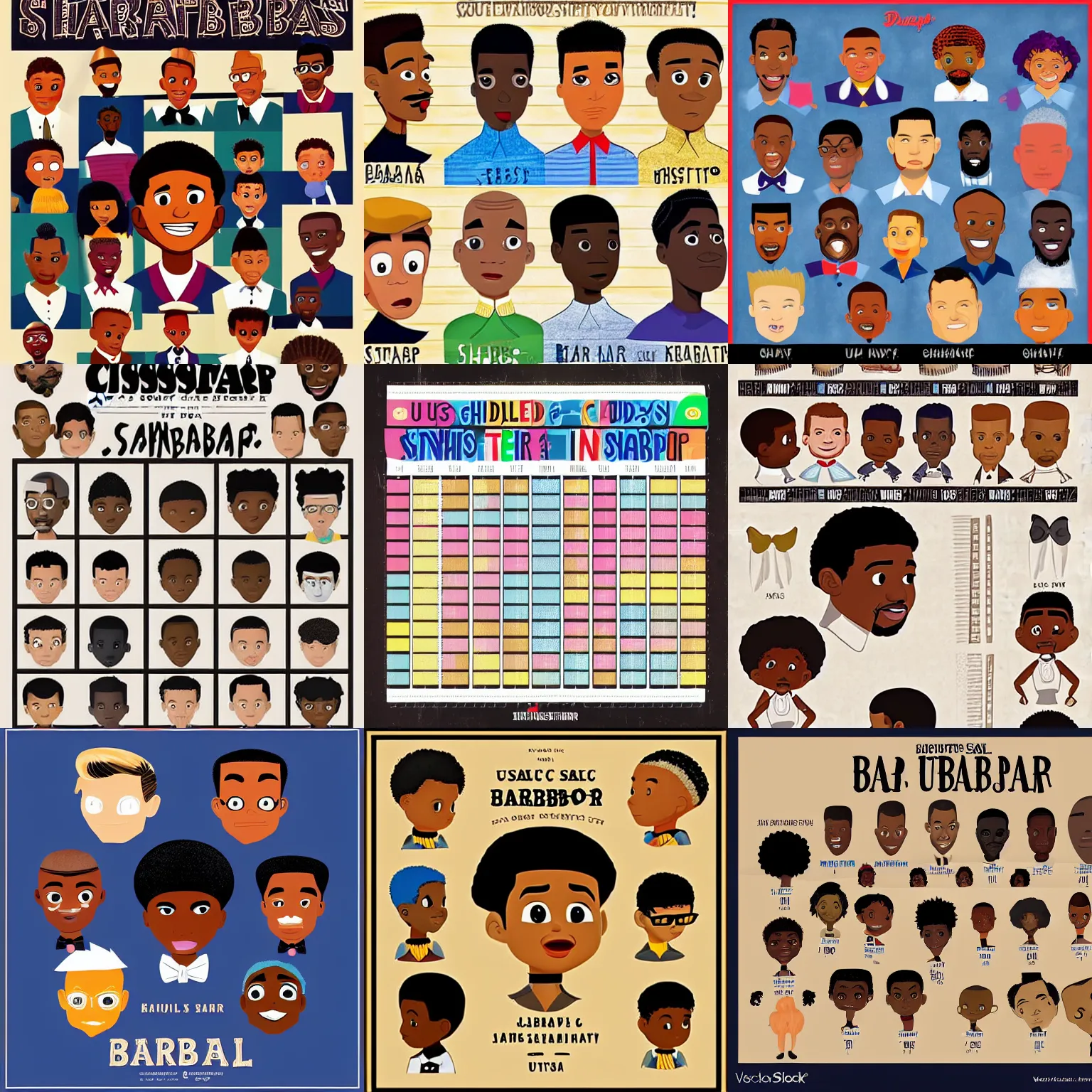 Prompt: a children’s illustration of a classic urban 👨🏿‍🦱👨🏿 barbershop haircut chart, in the style of Disney Pixar’s Soul