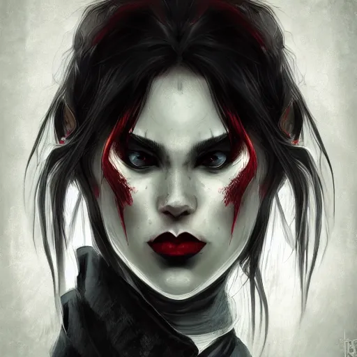 Prompt: Portrait of a vampire, highly detailed, digital painting, concept art, smooth, sharp focus, illustration, strong lines and bold colors, atmosphere and tension, Japanese, trending on artstation